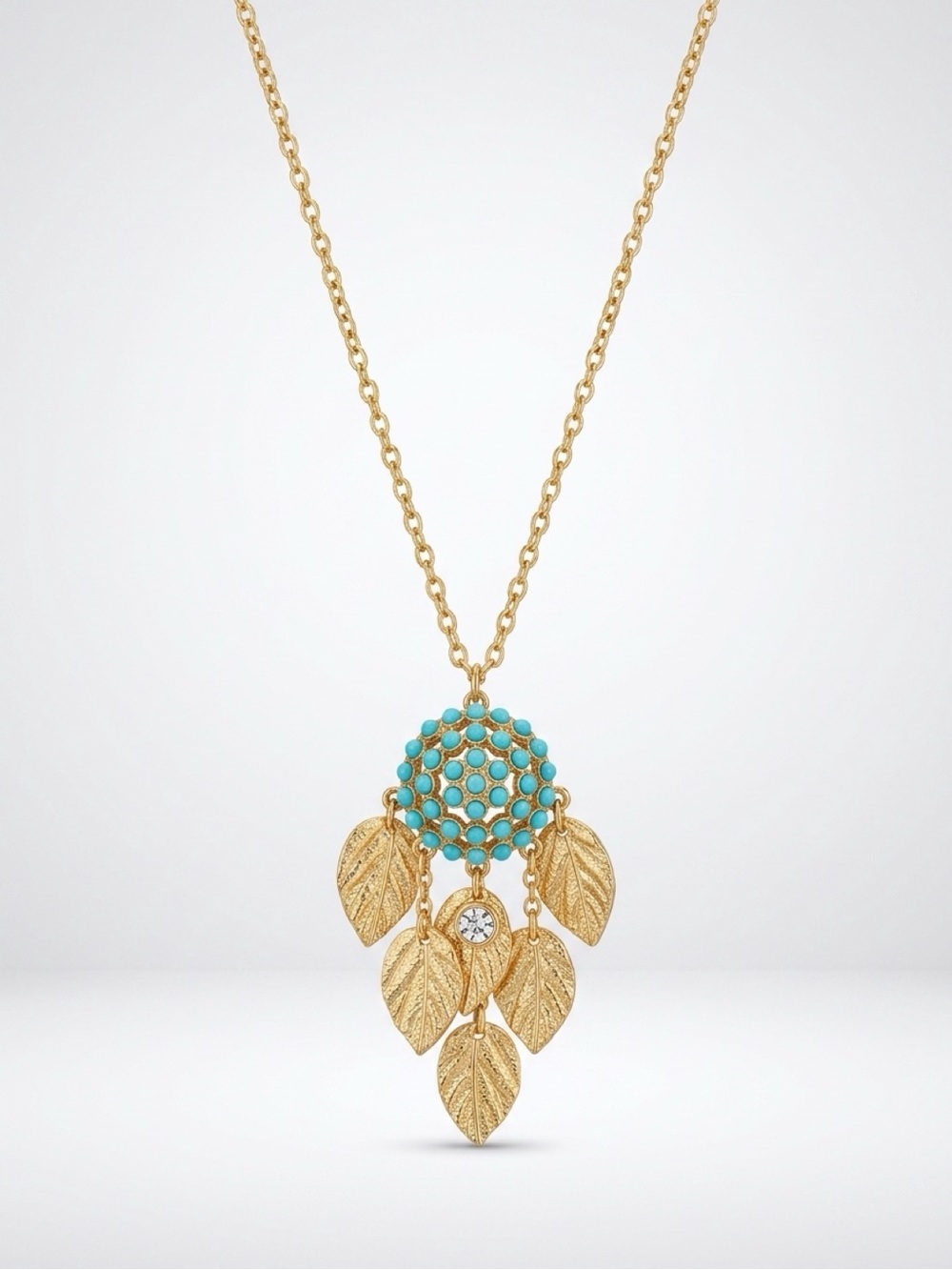Gold-Tone Leaf Necklace, turquoise colored beads, 22” chain, 3” pendant, EUC
